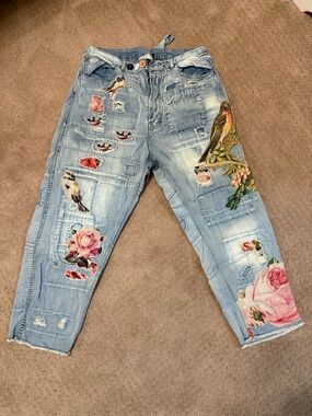 Magnolia Pearl Light Blue Embroidered Bird & Rose Boyfriend Jeans